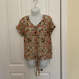 Sheer loose-fitting crop blouse with pearl buttons and waist tie